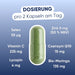 Dosierung pro 2 Kapseln: Selen 55 µg, Zink 5 mg, Vitamin C 235 mg, Q10 15 mg, Lycopin 4 mg, Moringa 135 mg