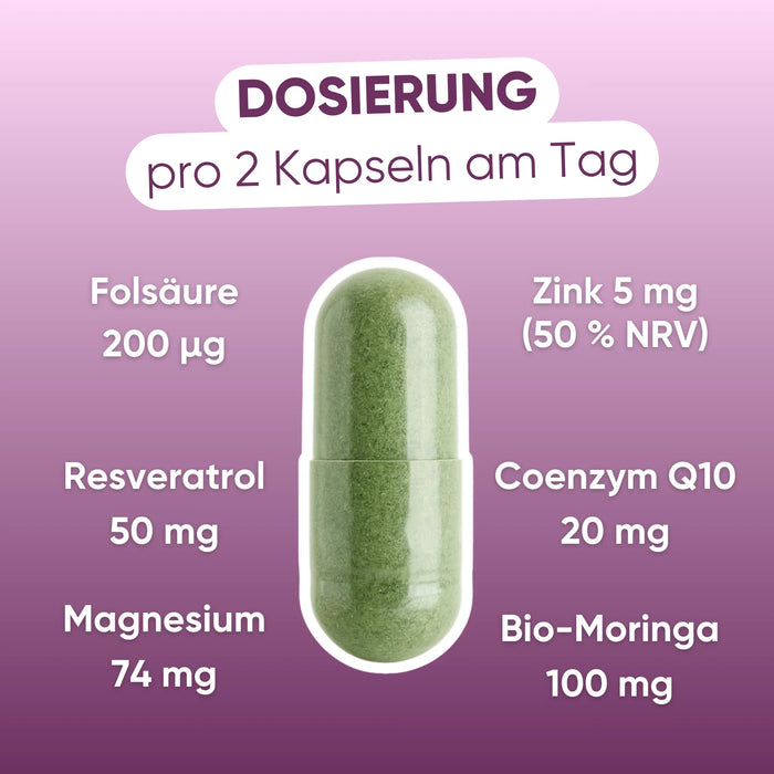 Dosierung pro 2 Kapseln: Zink 5 mg, Folsäure 200 µg, Resveratrol 50 mg, Q10 20 mg, Magnesium 74 mg