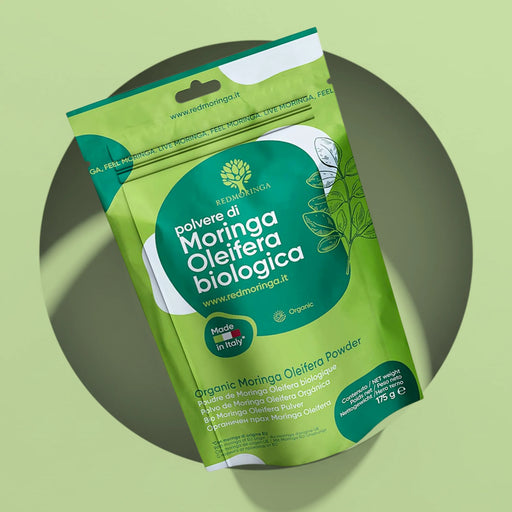 Beutel mit 175 g Bio-Moringa-Pulver von RedMoringa, nur Blätter der Moringa oleifera, in Italien abgefüllt