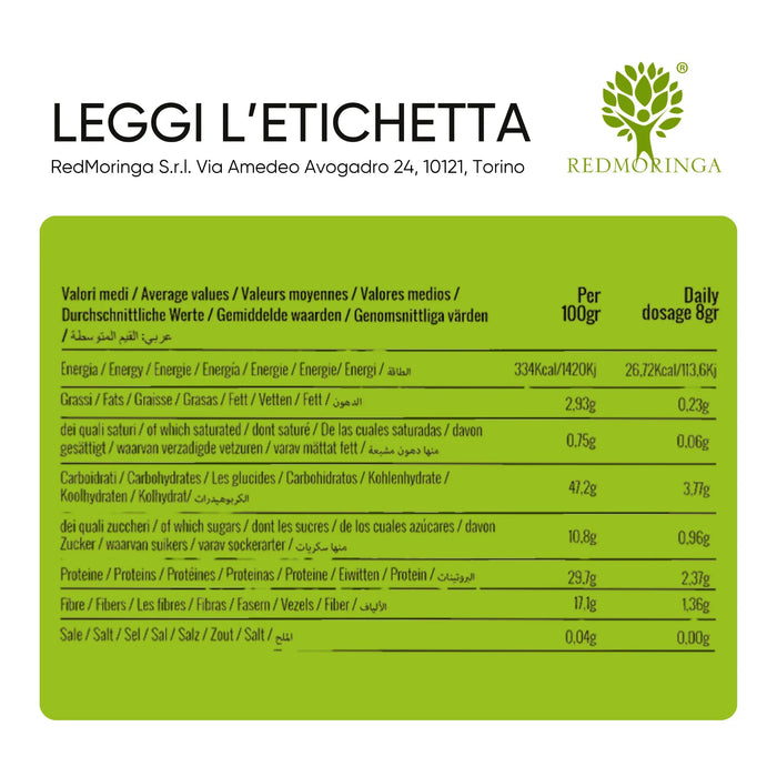 Nährwerte des Moringa-Pulvers pro 100 g und pro 8 g