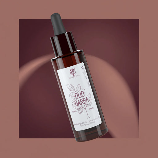 Pipettenflasche Bartöl RedMoringa mit Moringa, Argan, Jojoba und Macadamia, 30 ml, auf bordeauxrotem Hintergrund