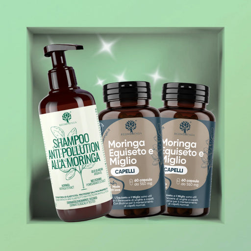 RedMoringa Haarpflege-Set: Anti-Pollution Shampoo mit Moringa und zwei Dosen Moringa Schachtelhalm und Hirse Kapseln