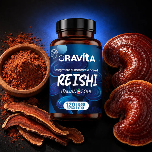 Dose Reishi Oravita mit 120 Kapseln neben frischen Reishi-Pilzen, getrockneten Scheiben und Pulver, 30 % Polysaccharide