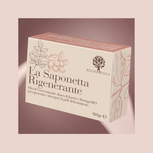 Verpackung der regenerierenden Seife von RedMoringa, 100 g, mit Kokosöl, Sheabutter und Bio-Moringa
