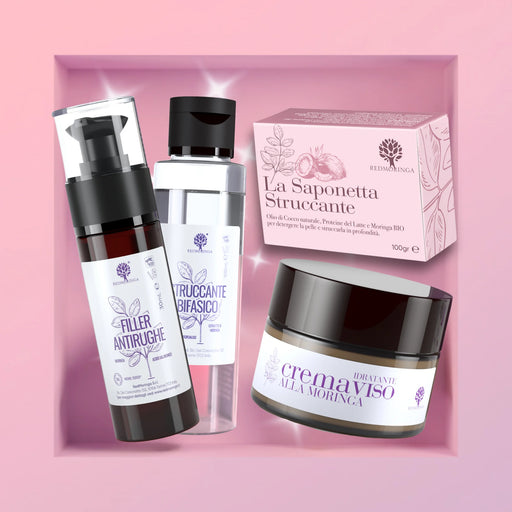 Moringa Skincare Geschenkset von RedMoringa: Anti-Falten-Serum, Zwei-Phasen-Make-up-Entferner, Seife und Gesichtscreme