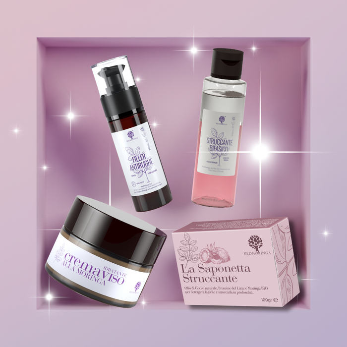 Set skincare naturale RedMoringa con saponetta e prodotti per la cura del viso e del corpo, ideale per pelli delicate e routine quotidiana.