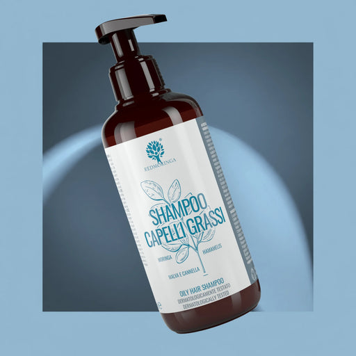 Flasche Shampoo für fettiges Haar von RedMoringa mit Pumpspender, 250 ml, Moringa Shampoo mit Hamamelis, Malve und Zimt