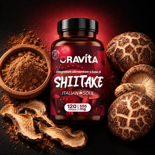 Dose Shiitake Oravita zwischen frischen Shiitake-Pilzen, getrockneten Scheiben und Pulver, 120 Kapseln