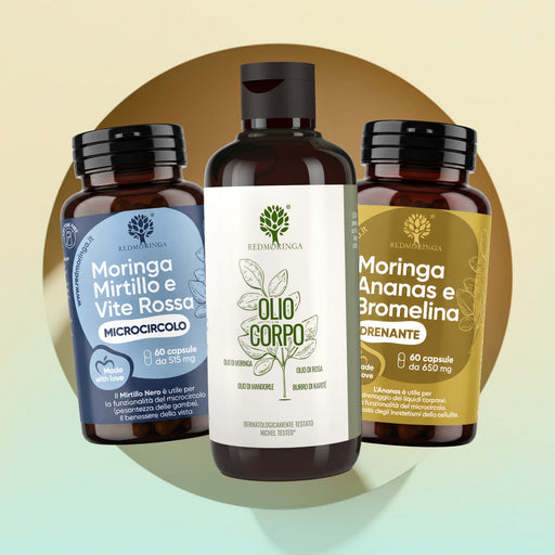 Intensiv-Set von RedMoringa: Moringa Mirtillo e Vite Rossa Kapseln, Moringa-Körperöl und Moringa Ananas e Bromelina