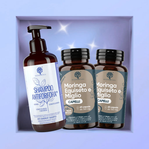 Haarpflege-Set RedMoringa: Anti-Schuppen-Shampoo mit Moringa und Brennnessel und zwei Dosen Kapseln Schachtelhalm und Hirse