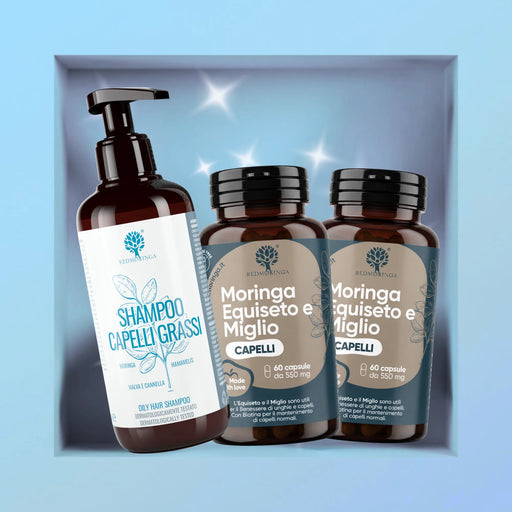Haarpflege-Set von RedMoringa: Shampoo für fettiges Haar und zwei Dosen Kapseln Moringa Schachtelhalm und Hirse