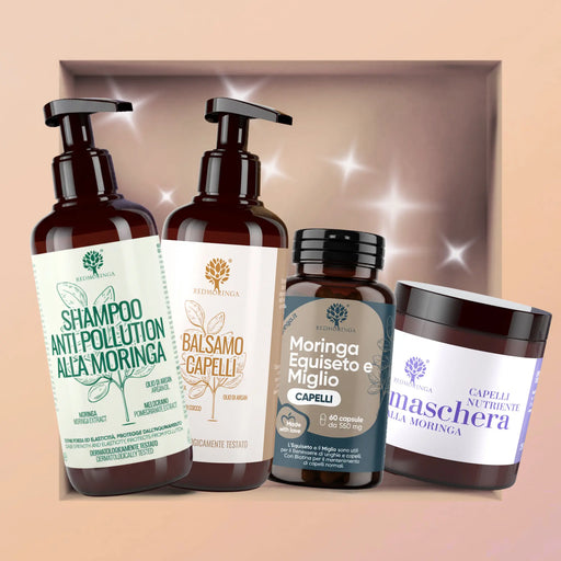 Haar-Geschenkset IN&OUT von RedMoringa für normales Haar: Shampoo, Spülung, Haarmaske und Kapseln mit Moringa