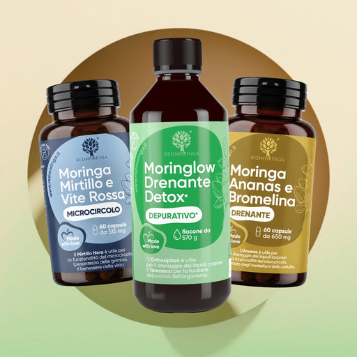 Set Leichte Beine von RedMoringa: Moringa Heidelbeere und Rotes Weinlaub, Moringlow Drenante Detox, Moringa Ananas Bromelain