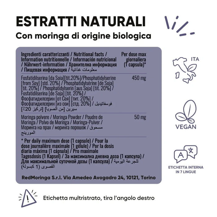 Etikett Moringa Phosphatidylserin RedMoringa: 450 mg Phosphatidylserin aus Soja und 50 mg Moringa-Pulver pro Kapsel, vegan