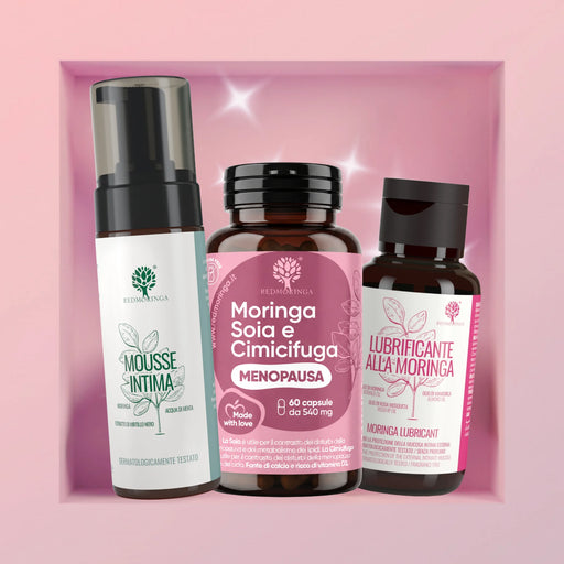 Set In&Out von RedMoringa: Nahrungsergänzungsmittel Moringa Soja und Traubensilberkerze, Intim-Mousse und Moringa-Gleitgel