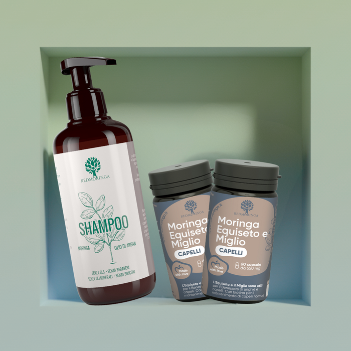 Shampoo fortificante anticaduta RedMoringa per capelli deboli e sfibrati, ideale per uso quotidiano.