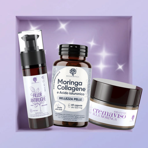 RedMoringa Gesichtsbehandlung IN & OUT: Filler-Serum, Kapseln Moringa Kollagen und Gesichtscreme mit Moringa