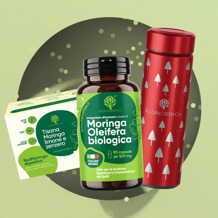 Geschenkset Moringa Wellness | Bio-Moringa 90 Kapseln + Bio-Tee + Thermoflasche aus Glas | Geschenkbox gratis