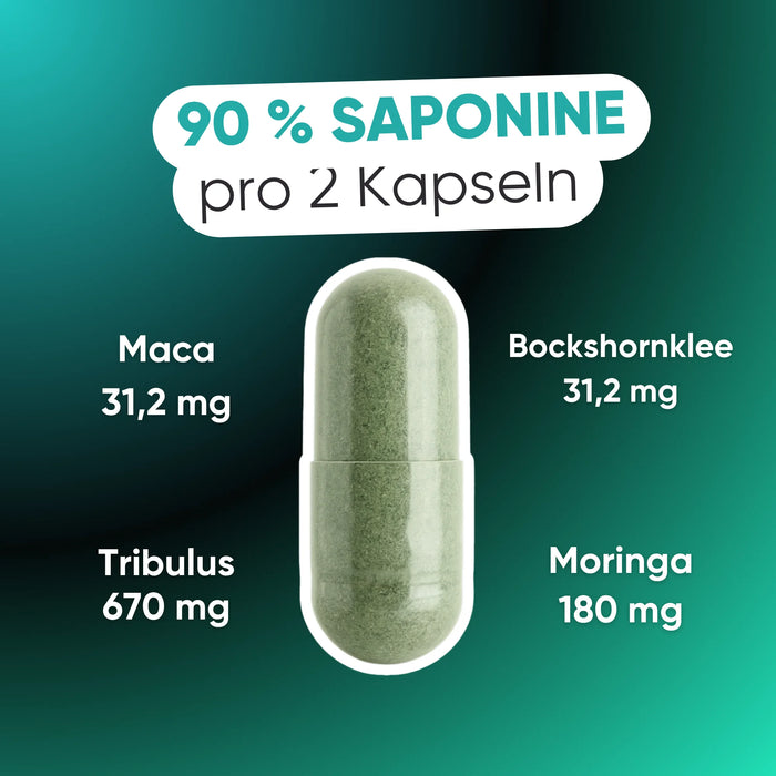 Dosierung pro 2 Kapseln: Tribulus 670 mg, Moringa 180 mg, Maca und Bockshornklee 31,2 mg