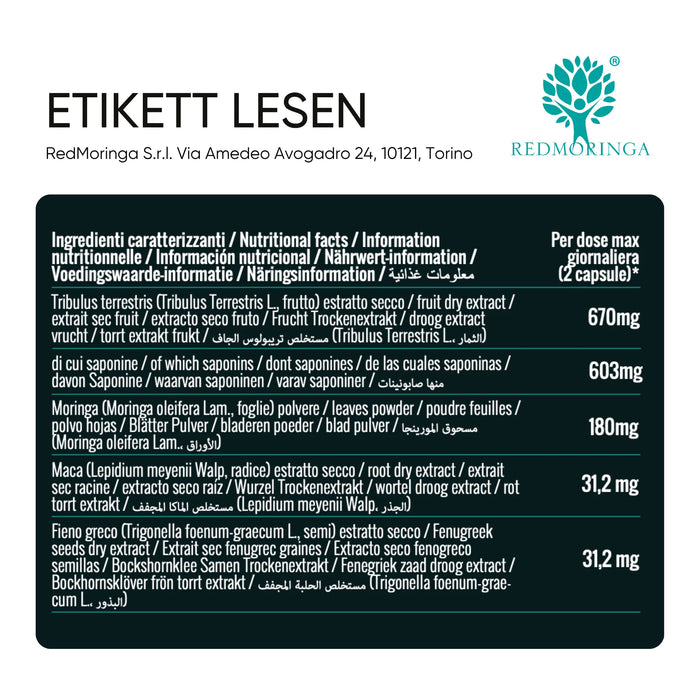 Zutatentabelle: Tribulus, Moringa, Maca, Bockshornklee